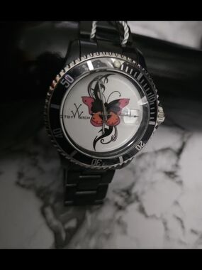 ToyWatch Black Bracelet Watch with Pink and Orange Butterfly Dial